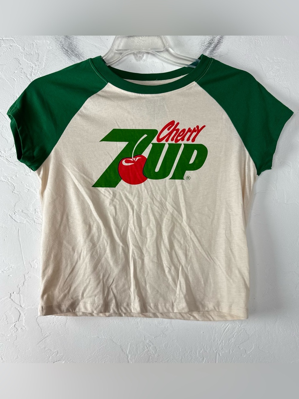 Cherry 7Up Vintage Retro Ringer Baby Tee Shirt Knit Top Logo Graphic Cotton Tan
